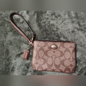 Coach Brown and Tan Signature Wristlet with Leather Trim